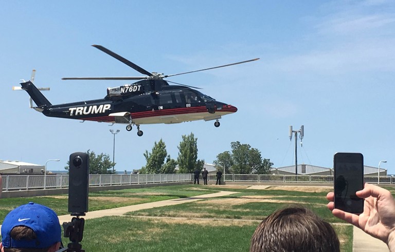 Prior to his arrival, the Trump airplane made a fly-by set to opera music, and his helicopter made an additional three fly-bys. (Ariel Cohen/Examiner)
