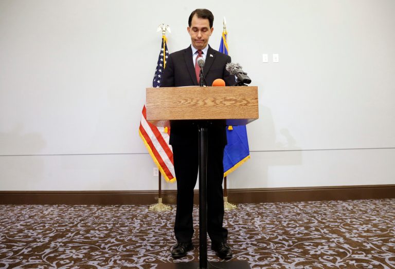 Wisconsin Gov. Scott Walker pauses as he speaks at a news conference Monday, Sept. 21, 2015, in Madison, Wis., where he announced that he is suspending his Republican presidential campaign. (AP Photo/Morry Gash)