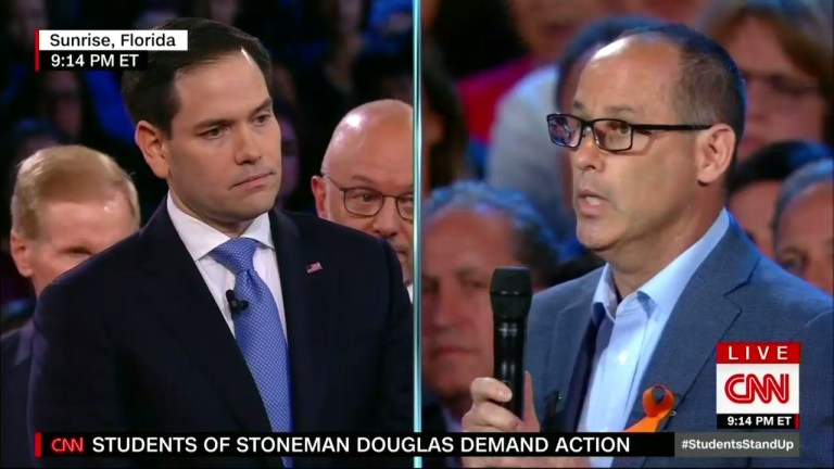 Sen. Marco Rubio, R-Fla., faced a hostile crowd at a CNN town hall as he sparred with the father of a student who was killed in the mass shooting in Parkland, Fla. (Image courtesy CNN)