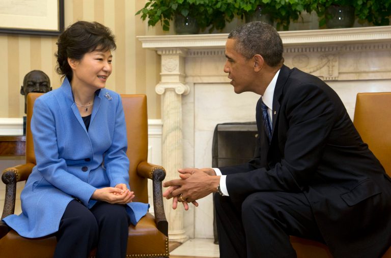 President Barack Obama, right, and South Korean President Park Geun-Hye, left, during their meeting in the Oval Office of the White House in Washington, Tuesday, May 7, 2013. (AP Photo/Pablo Martinez Monsivais)