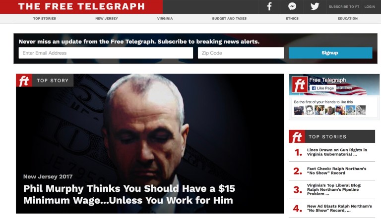 The Free Telegraph's website includes headlines praising Republican governors and gubernatorial candidates, while those referencing Democratic governors and gubernatorial candidates are all negative. (Image courtesy screenshot)