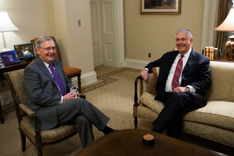 Rex Tillerson, former chief executive officer of Exxon Mobile Corp. and U.S. secretary of state nominee for president-elect Donald Trump, met with Senate Majority Leader Mitch McConnell, R-Ky., on Capitol Hill on Jan. 4. (Graeme Jennings/Examiner)