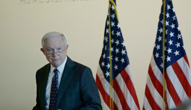 President Trump affirmed his support for Attorney General Jeff Sessions during a rally in Alabama. (AP Photo/Stephan Savoia)