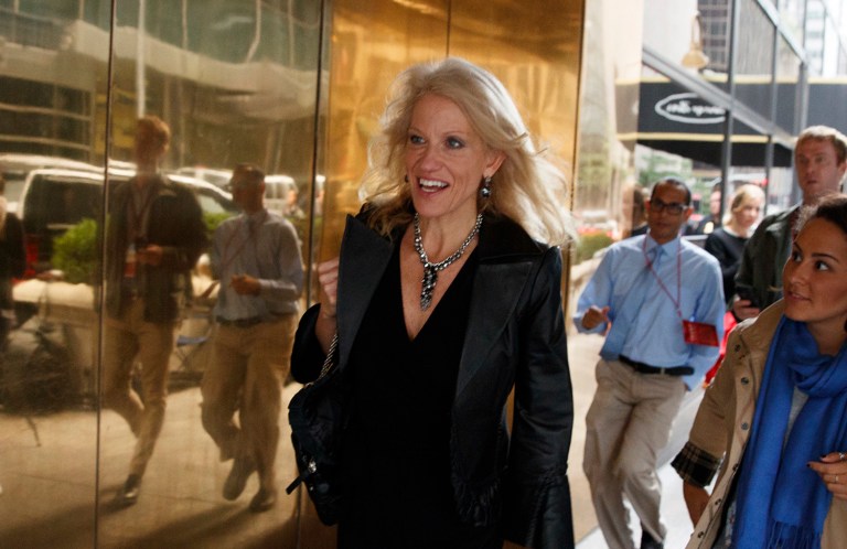 Kellyanne Conway, campaign manager for Donald Trump, said she is troubled by the idea that Democrats would stay with their party after the release of the emails from Hillary Clinton's campaign manager. (AP Photo/ Evan Vucci)