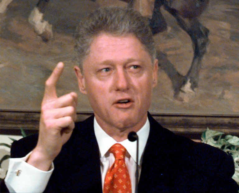President Clinton angrily shakes his finger as he denies any improper behavior with an intern during an event Monday, Jan. 26, 1998, in the Roosevelt Room. 