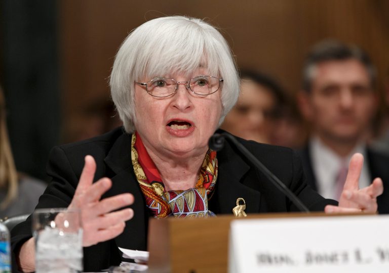 Federal Reserve Chair Janet Yellen testifies on Capitol Hill in Washington, Thursday, Feb. 27, 2014, before the Senate Banking Committee, to deliver the semiannual Monetary Policy Report to Congress. Yellen noted that some recent economic data have pointed to weaker-than-expected gains in consumer spending and job growth. She said the Fed will be watching to see whether the slowdown proves only a temporary blip caused by severe winter weather. (AP Photo/J. Scott Applewhite)