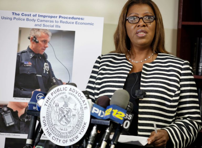 New York City Public Advocate Letitia James holds a news conference Thursday, Aug. 21, 2014, at her office in New York, to unveil a proposal that would require police to wear body cameras. The initiative would cost the city $5 million, but would be a 