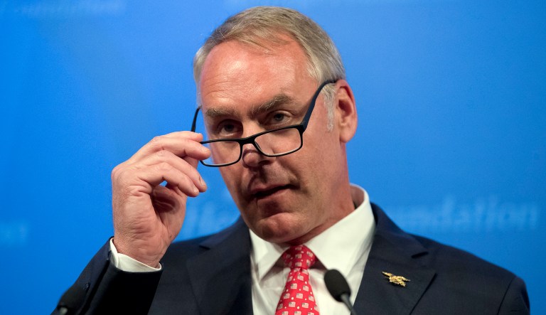 Interior Secretary Ryan Zinke speaks on the Trump Administration's energy policy at the Heritage Foundation in Washington, Friday, Sept. 29, 2017. (AP Photo/Andrew Harnik)