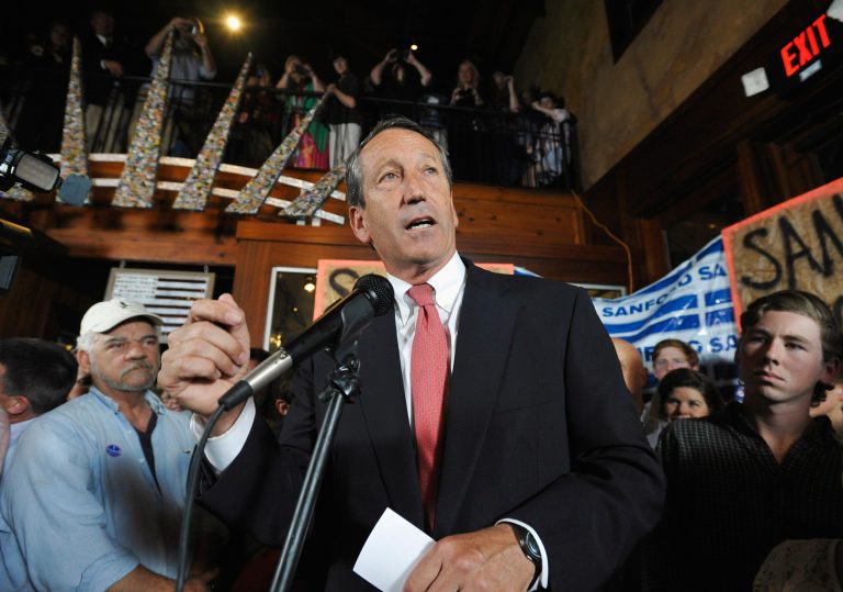 Former South Carolina Gov. Mark Sanford gives his victory speech after winning back his old congressional seat in the state's 1st District on Tuesday, May 7, 2013, in Mt. Pleasant, S.C. (AP/Rainier Ehrhardt)