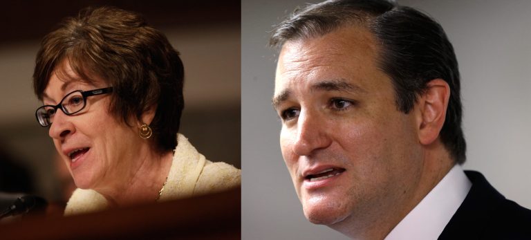 Sen. Susan Collins, R-Maine, left, said that voters will end up so disgusted with Obamacare after their insurance rates rise and they lose access to their current doctor. Sen. Ted Cruz advocated the defund-or-shutdown strategy, warning that stopping Obamacare is a now-or-never proposition. (AP Photos)