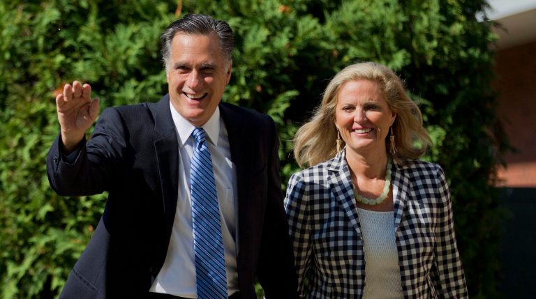 The Republican presidential candidate, former Massachusetts Gov. Mitt Romney, and his wife Ann walk into the Church of Jesus Christ of Latter-day Saints on Sunday, Aug. 26, 2012, in Wolfeboro, N.H.  (AP Photo/Evan Vucci)