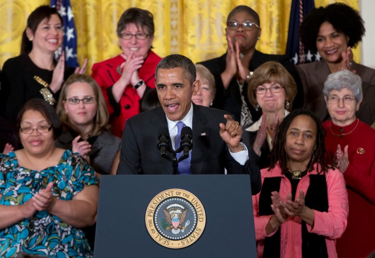 President Obama speaks in the East Room of the White House in Washington, Tuesday, April 8, 2014, during an event marking Equal Pay Day, and to announce new executive actions to strengthen enforcement of equal pay laws for women. (AP Photo/Carolyn Kaster)