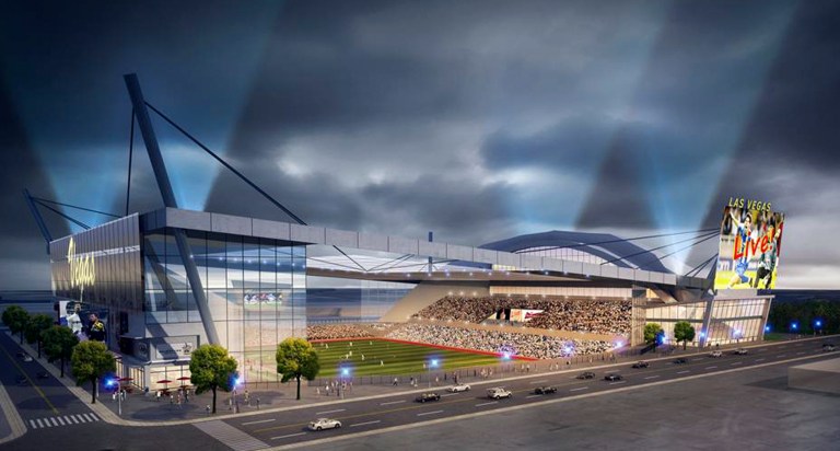 In an image provided by Findlay Sports & Entertainment, an artist's rendering shows a proposed soccer stadium for Las Vegas. A company that's been trying for years to bring an arena to downtown Las Vegas announced plans to try to attract Major League Soccer to Las Vegas, a city that currently has no professional teams of its own, according to an announcement Wednesday, May 14, 2014. (AP Photo/Findlay Sports & Entertainment)