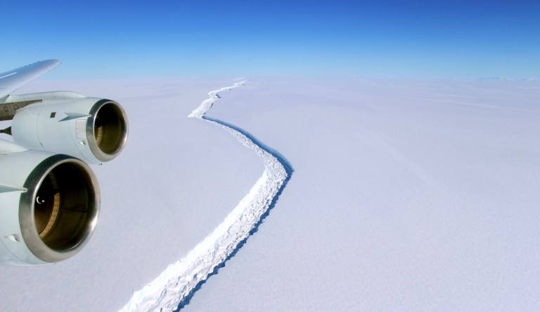 A vast iceberg with twice the volume of Lake Erie has broken off from the Antarctic Peninsula's Larsen C ice shelf, scientists said Wednesday. (John Sonntag/NASA via AP)