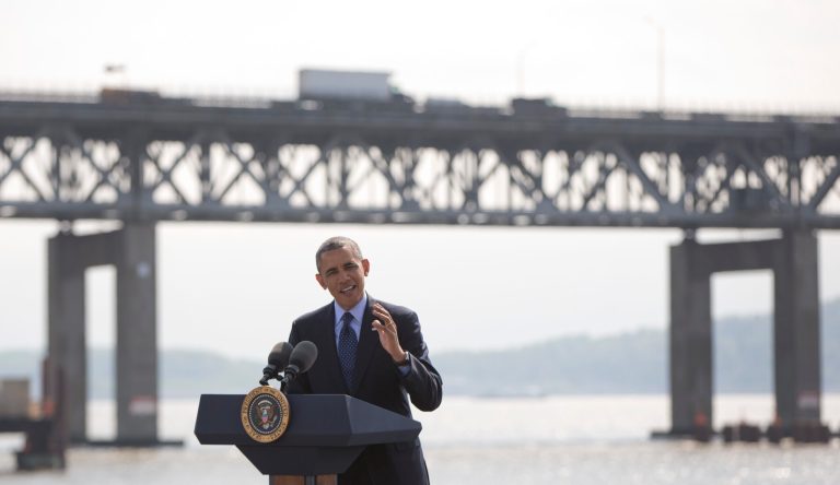 President Barack Obama speaks in Tarrytown, N.Y., near the Tappan Zee Bridge,  seen in the background, Wednesday, May 14, 2014, about the need for a 21st Century Transportation Infrastructure. (AP Photo)