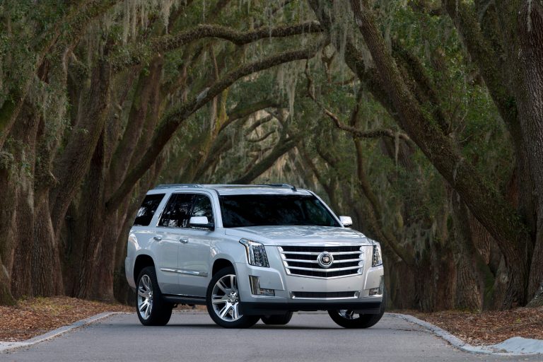 This April 2014 product image provided by General Motors shows the 2015 Cadillac Escalade in Bluffton, S.C. The Escalade, which comes with up to eight seats, also is the first in the segment with a standard air bag that deploys into the middle of the front seats, where no one sits. In side crashes, this air bag provides extra protection as crash forces push the driver or front passenger body toward the center of the vehicle, Cadillac officials said. (AP Photo/General Motors)