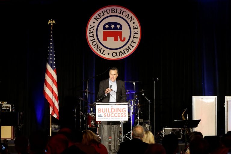 Mitt Romney, the former Republican presidential nominee, speaks during the Republican National Committee's winter meeting aboard the USS Midway Museum Friday, Jan. 16, 2015, in San Diego. (AP Photo/Gregory Bull)