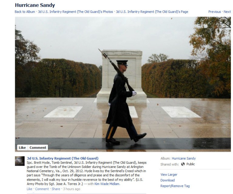 The real photo of the guard watching the Tomb of the Unknown Solider during Hurricane Sandy
