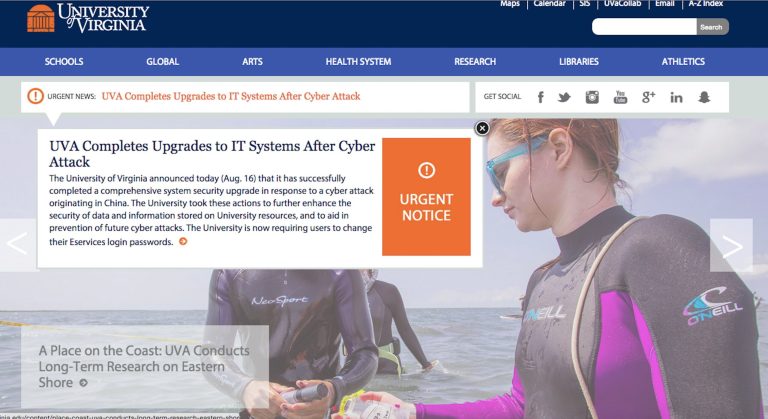 The University of Virginia has brought the secure area of its website back online after completing a security upgrade over the weekend. (Screenshot)