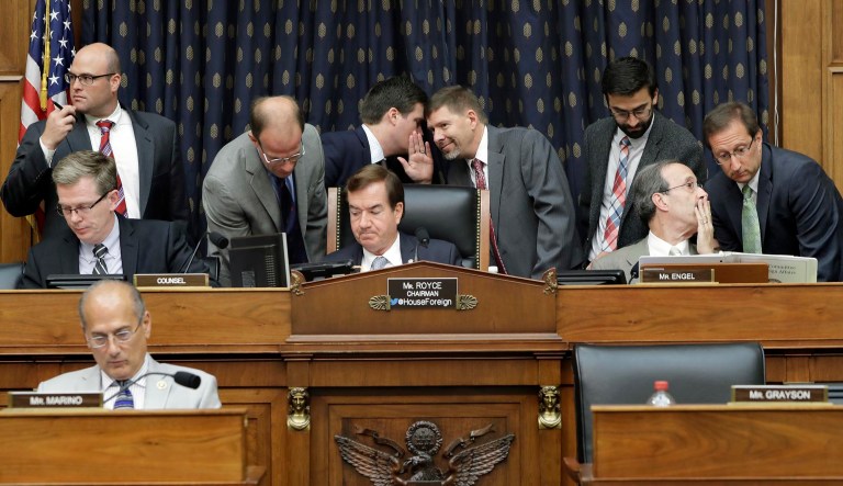 On Wednesday, the House Foreign Affairs Committee (pictured above) unanimously passed the Taylor Force Act, which is named for a former Army officer whose murderer was celebrated by Palestinian leaders. Congress hopes to crack down on those assaults by threatening to withdraw the $300 million in foreign aid to the Palestinian leadership. (AP Photo/Jacquelyn Martin)