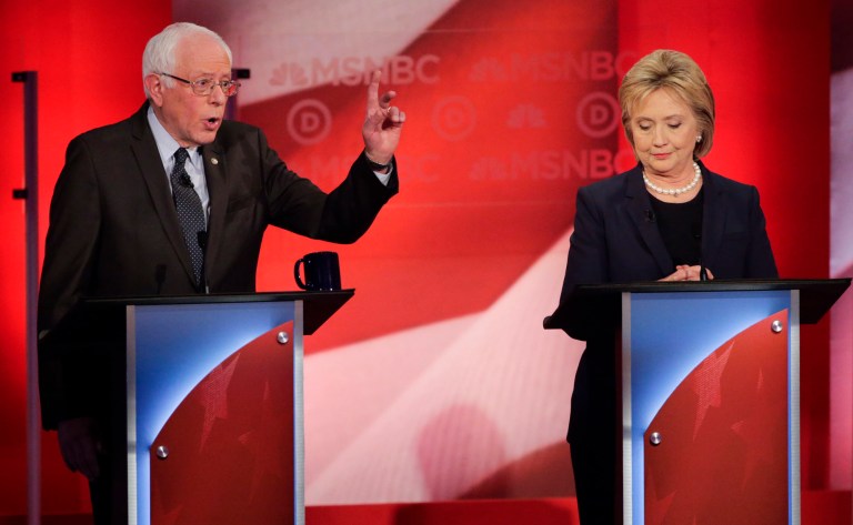 Bernie Sanders and Hillary Clinton will face off on the PBS moderated debate stage in Milwaukee at 9 p.m. tonight. (AP Photo/David Goldman)