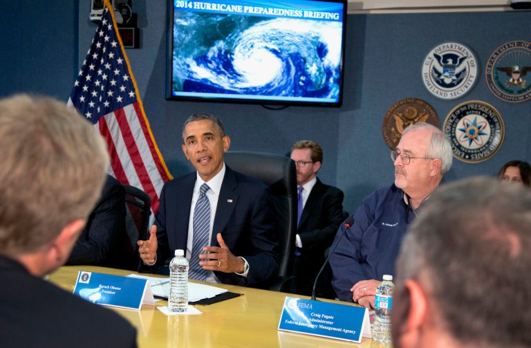 President Barack Obama speaks at Federal Emergency Management Agency (FEMA) headquarters in Washington, Friday, May 30, 2014, during a hurricane preparedness meeting. at right is Federal Emergency Management Agency (FEMA) administrator Craig Fugate. (AP Photo/Carolyn Kaster)