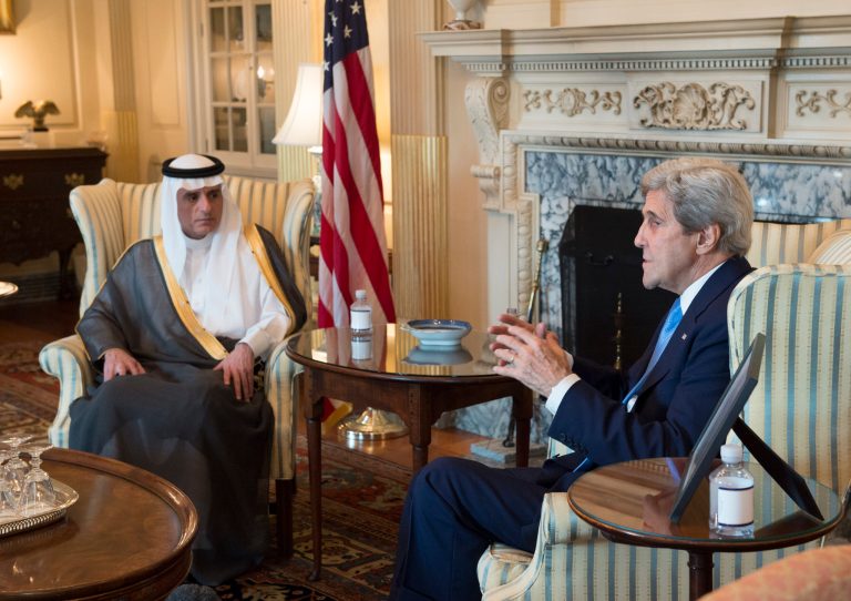 Secretary of State John Kerry speaks to the members of the media after meeting with Saudi Arabia Foreign Minister Adel Al-Jubeir at the State Department in Washington, Thursday, Oct. 20, 2016. (AP Photo/Molly Riley)