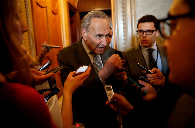Sen. Charles Schumer speaks with reporters following the weekly policy luncheon for Senate Democrats April 8, 2014 in Washington. (Photo by Win McNamee/Getty Images)