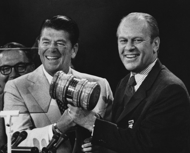 After very nearly defeating President Ford, President Reagan joined him on the GOP convention stage and campaigned all over the country on his behalf through Election Day. (AP File)