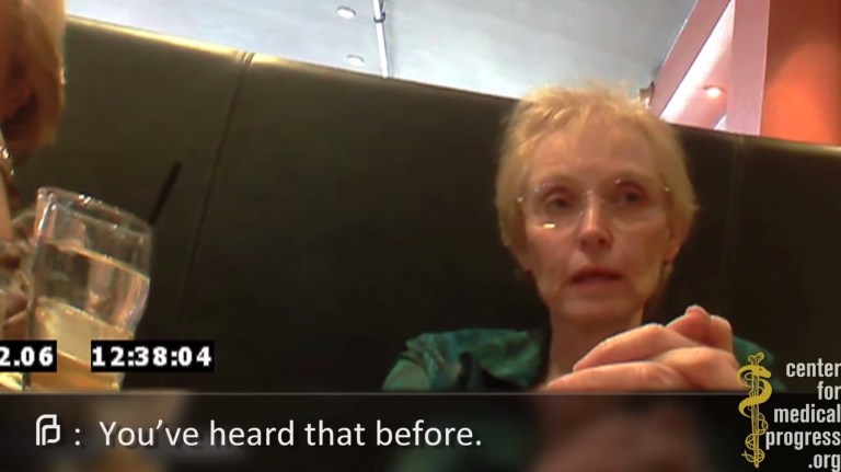The footage shows Mary Gatter, president of the group's council of medical directors, discussing how much a clinic would be compensated by a fake biomedical company for each aborted fetus. (Image courtesy screenshot)
