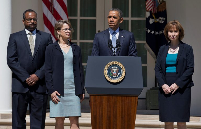 FILE - This June 4, 2013 file photo shows President Barack Obama pausing as he speaks in the Rose Garden of the White House in Washington where he announced  the nominations of, from left, Robert Wilkins, Cornelia Pillard, and Patricia Ann Millet, to the U.S. Court of Appeals for the District of Columbia Circuit. Democrats begin a drive this week to muscle a half dozen of President Barrack Obama's Republican-opposed nominees through the Senate after clamping shackles on traditional minority party rights in last month's power play against the GOP. Republicans, however, still have some tools for grinding the Senate's work to an excruciatingly slow crawl.  (AP Photo/Manuel Balce Ceneta, File)