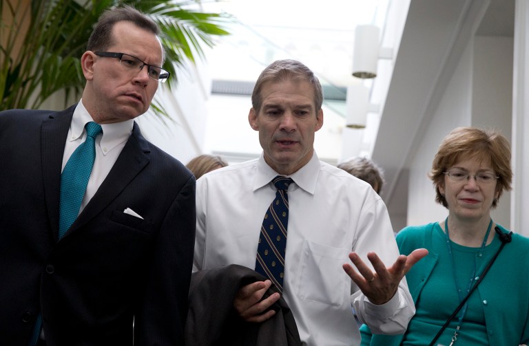 Rep. Jim Jordan, R-Ohio, center, says the current system is unsustainable. (AP Photo/Carolyn Kaster)
