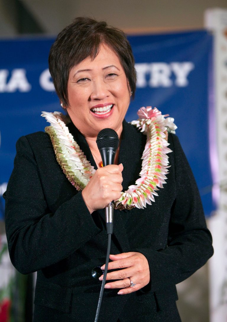   File - In this Nov. 6, 2012 file photo, Democrat Colleen Hanabusa speaks after winning Hawaii 1st Congressional district seat at the Japanese Cultural Center in Honolulu. The Hawaii Democratic party is taking applications for the U.S. Senate seat left vacant by the death this week of Daniel Inouye. Inouye asked the governor to choose U.S. Rep. Colleen Hanabusa, who is expected to apply, but the party is obligated to put forth three names for consideration. (AP Photo/Marco Garcia, File)  