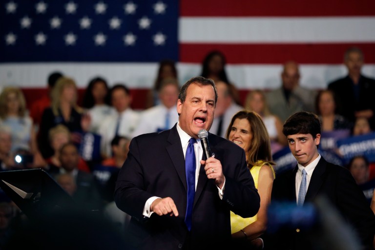 New Jersey Gov. Chris Christie, accompanied by his family, speaks to supporters during an event announcing he will seek the Republican nomination for president, Tuesday, June 30, 2015, at Livingston High School in Livingston, N.J. (AP Photo/Mel Evans)