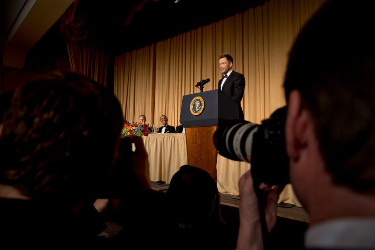 Actor and comedian Joel McHale riffs on President Barack Obama during the 2014 White House Correspondents' Association Dinner at the Washington Hilton Hotel. (AP Photo)