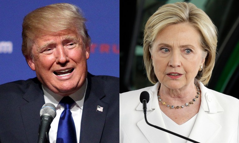 A Public Policy Polling survey released Wednesday puts Trump ahead 44-43 in a four-way race with the Libertarian and Green Party candidates. In a head-to-head matchup, Clinton grabs the lead over Trump, 47-46. Both gaps are within the survey's margin of error. (AP Photos)