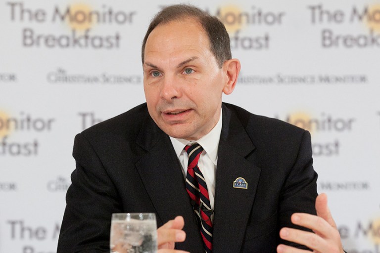Speaking to a breakfast gathering of reporters hosted by the Christian Science Monitor, Robert McDonald said he has held off on some disciplinary actions to allow the Department of Justice, the FBI and the VA inspector general to complete criminal investigations. (Michael Bonfigli/The Christian Science Monitor)