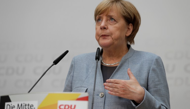 German Chancellor Angela Merkel speaks during a press conference after a board meeting of the Christian Democratic Union in Berlin, Germany, Monday, Sept. 25, 2017, the day after the German parliament election. (AP Photo/Matthias Schrader)
