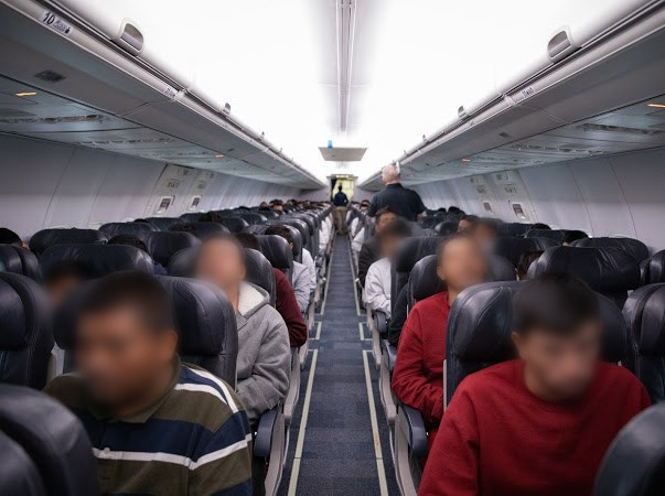 View inside an ICE-chartered jet returning Mexican nationals to Mexico.