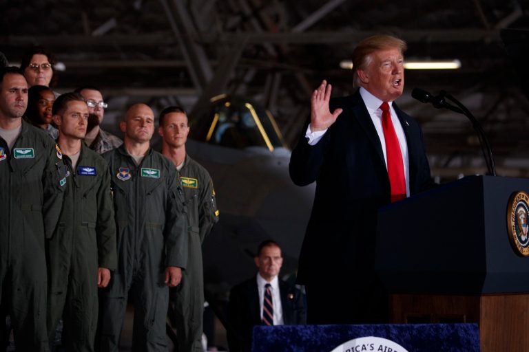 President Donald Trump speaks to military personnel and their families at Andrews Air Force Base, Friday, Sept. 15, 2017, in Andrews Air Force Base, Md. (AP Photo/Evan Vucci)