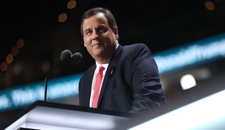 Chris Christie, governor of New Jersey, pauses while speaking during the Republican National Convention in Cleveland, Ohio, on Tuesday, July 19, 2016.