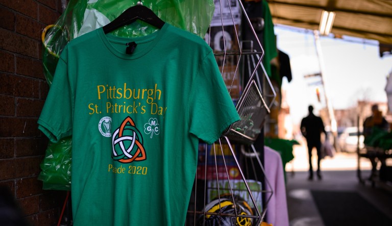 A St. Patrickâs Day T-shirt hangs outside of Yinzers in the Burgh on Friday in Pittsburghâs Strip District. The shirts have been marked off 50% since the St. Patrickâs Day parade was canceled.