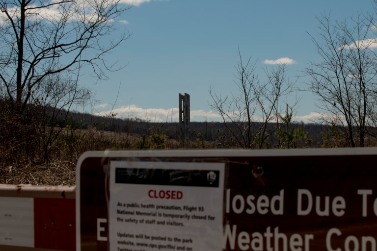 The Tower of Voices is seen from the entrance of the Flight 93 Memorial in Shanksville, Pa. The Park is closed due to the Covid-19 pandemic.