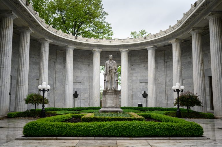 A statue of President William McKinley stands at the National McKinley Birthplace Memorial in Niles, Ohio. 