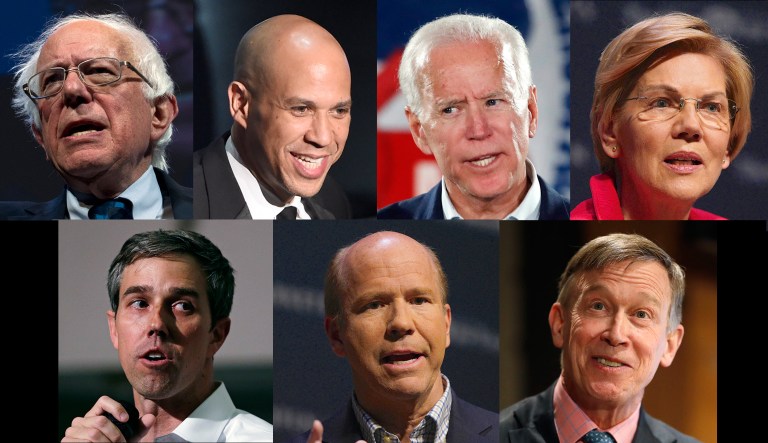 Democratic candidates for the 2020 presidential election primary are seen, including (as seen clockwise): Bernie Sanders, Cory Booker, Joe Biden, Elizabeth Warren, Beto O'Rourke, John Delaney, and Jon Hickenlooper.
