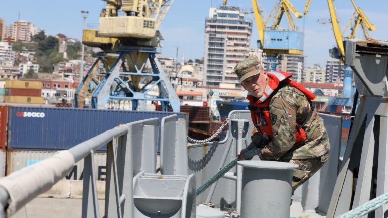 U.S. Army Sailor ties off a rope aboard the U.S. Army Logistics Support Vessel MG Charles P. Gross, April 26, 2021, near the port of Durres, Albania. During upcoming DEFENDER-Europe 21 Joint Logistics Over-the-Shore operations, the Army and the Navy will be working together, along with multinational partners and allies, to demonstrate the U.S. Armyâs ability to rapidly deliver troops, supplies and equipment quickly, anywhere in the world, in response to crisis. 