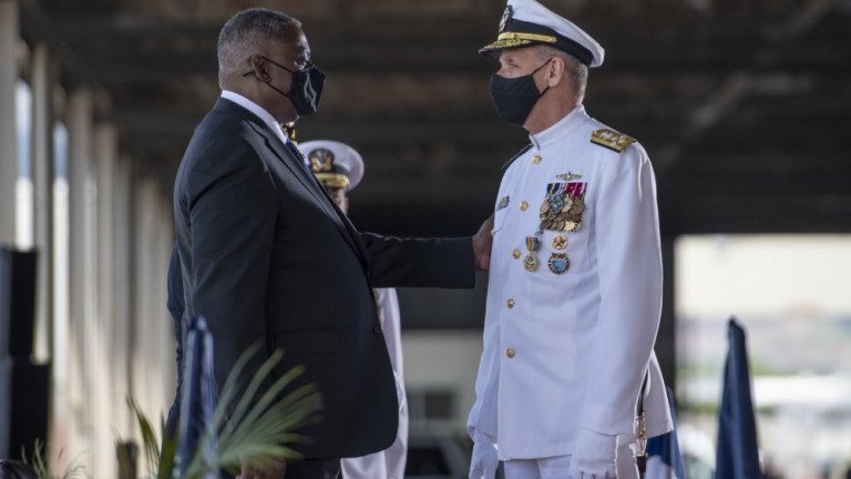 Secretary of Defense Lloyd J. Austin III, presides over the Indo-Pacific Command Change of Command, held at Joint Base Pearl Harbor-Hickam, Hawaii, April 30, 2021.