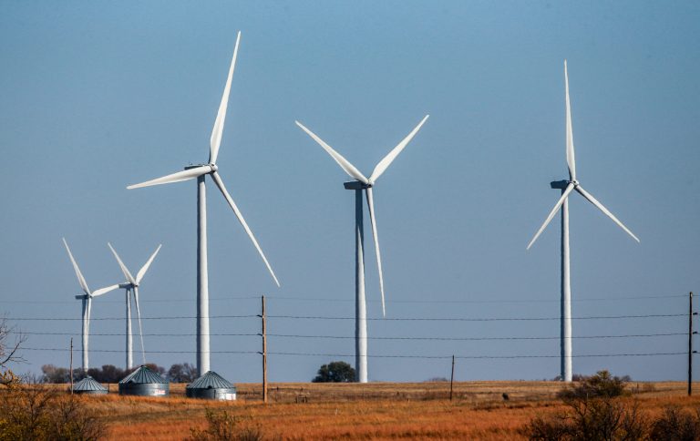 In this photo from Nov. 3, 2015, wind turbines dot the landscape near Steele City, Neb. Renewable energy advocates say they're encouraged by a new push to expand wind energy in Nebraska, which lags many of its neighboring states when it comes to tapping the resource. (AP Photo/Nati Harnik)