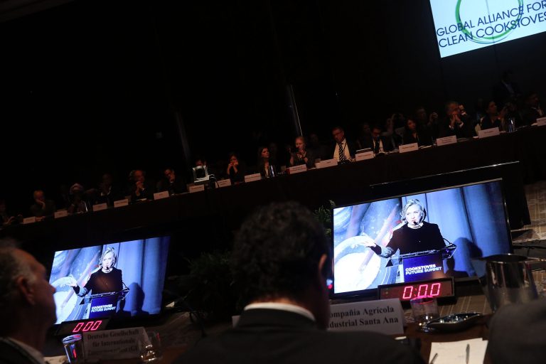 Hillary Rodham Clinton is viewed on a video monitor as she attends the Cookstoves Future Summit on November 21, 2014 in New York City. (Photo by Spencer Platt/Getty Images)