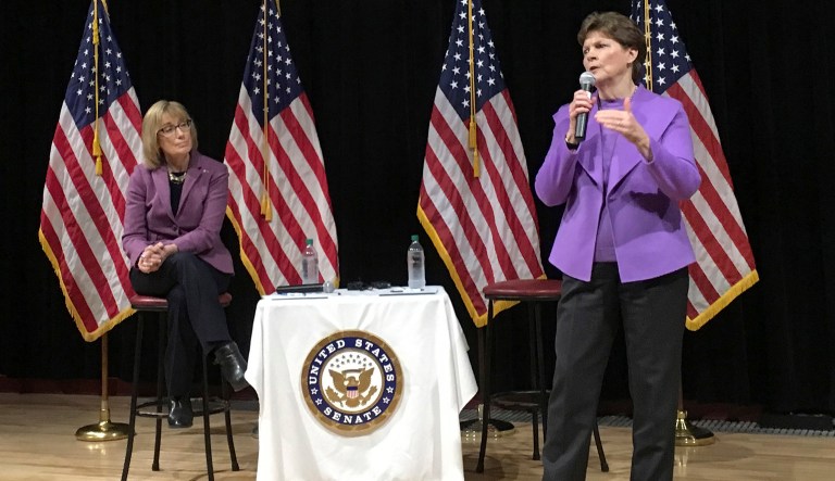 Democratic Sens. Maggie Hassan, left, and Jeanne Shaheen, right, say they want $25 billion to be spent on funding opioid treatment and prevention programs. (AP Photo/Kathleen Ronayne)